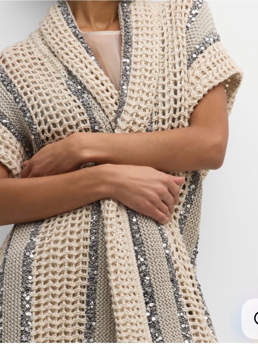 Brunello Cucinelli Cream Crochet Sequin-Trim Vest
